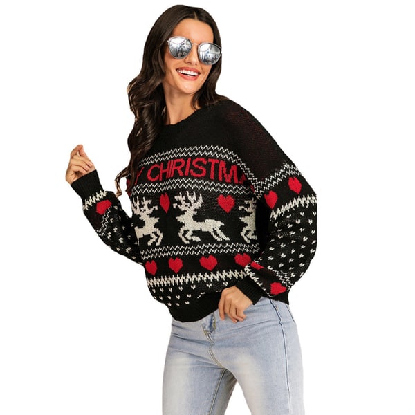 Women's Christmas Sweater Crewneck Knit with Reindeer and Fair Isle Design - Image 1