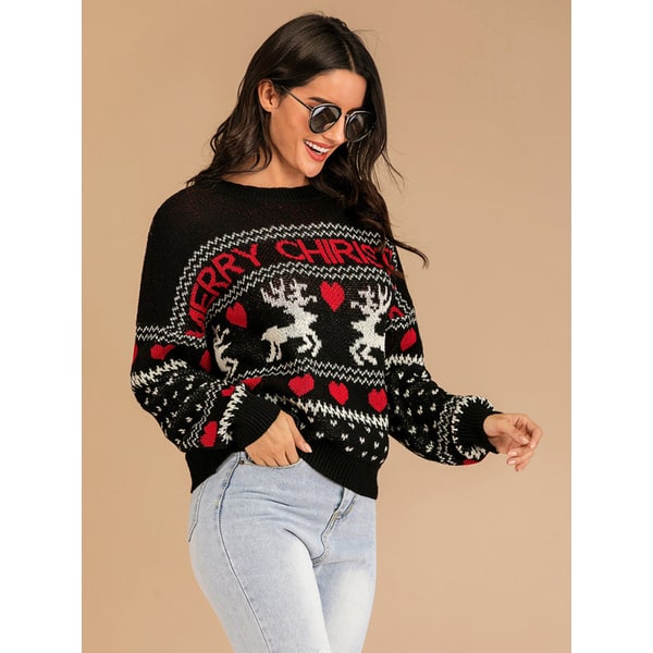 Women's Christmas Sweater Crewneck Knit with Reindeer and Fair Isle Design - Image 2
