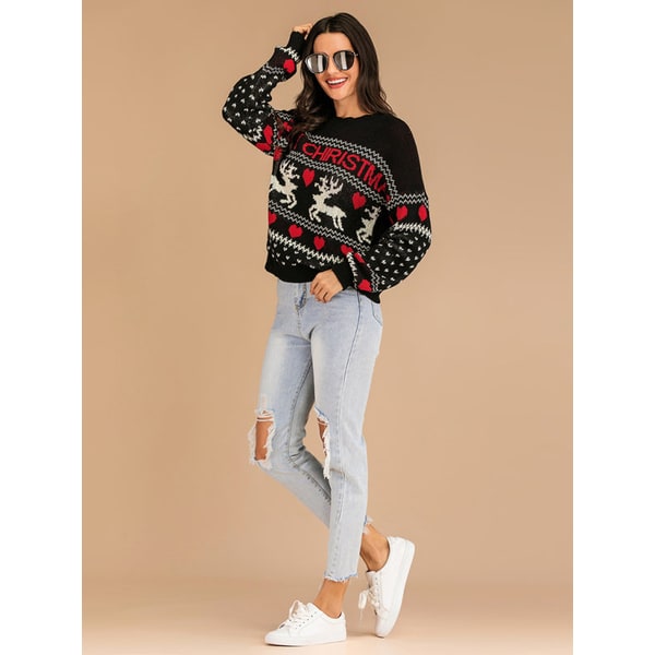 Women's Christmas Sweater Crewneck Knit with Reindeer and Fair Isle Design - Image 3