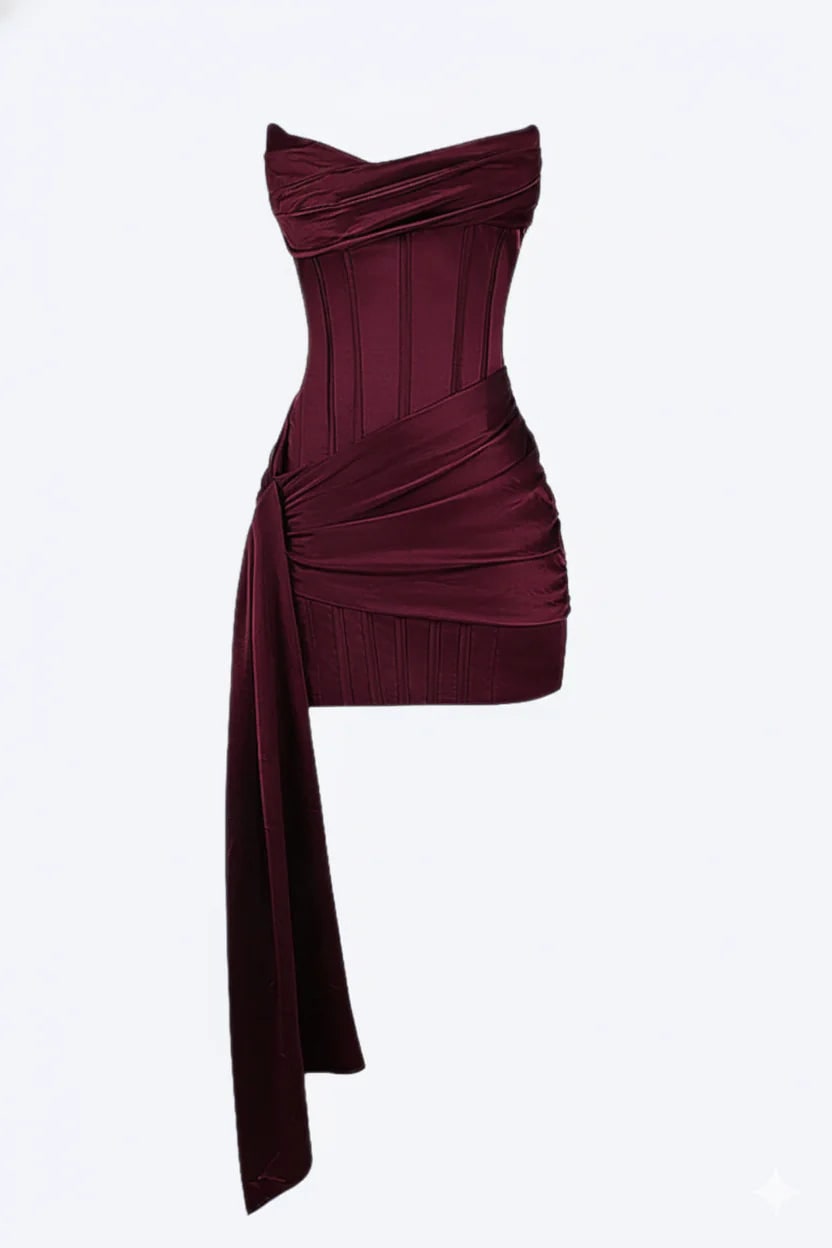 Women's Corset Mini Satin Dress Strapless with Asymmetric Side Train - Image 1