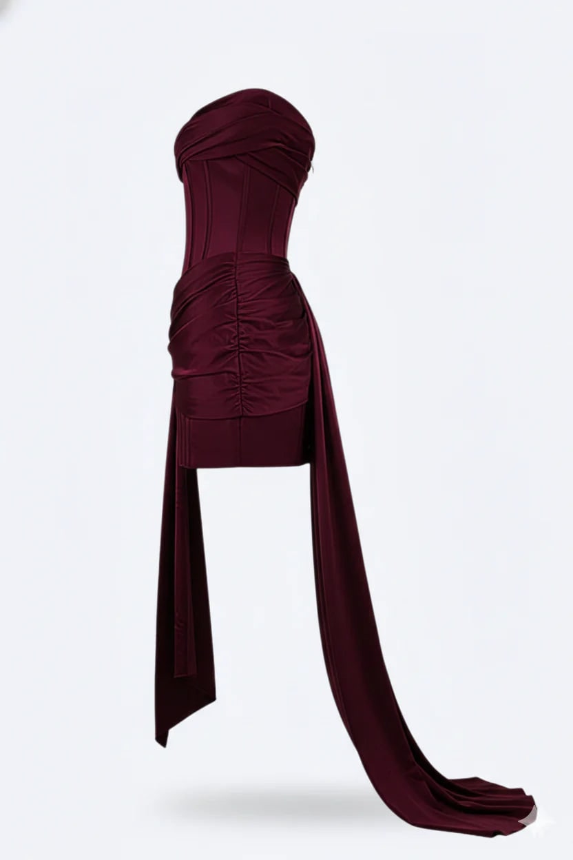 Women's Corset Mini Satin Dress Strapless with Asymmetric Side Train - Image 2