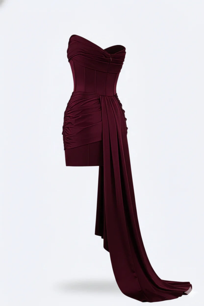 Women's Corset Mini Satin Dress Strapless with Asymmetric Side Train - Image 3