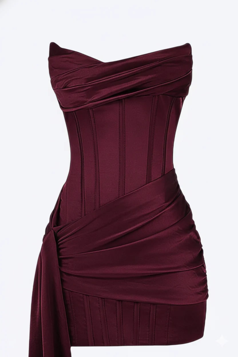 Women's Corset Mini Satin Dress Strapless with Asymmetric Side Train - Image 4