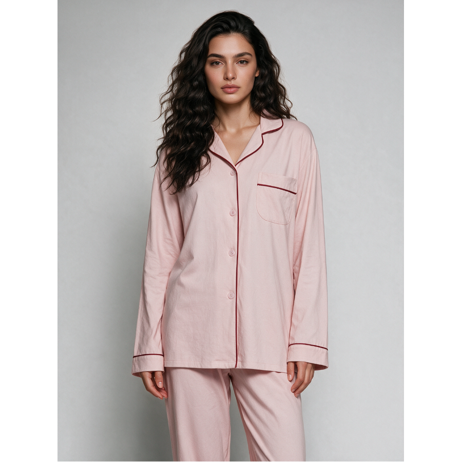 Women's Cotton Pajama Set with Long Sleeves Notched Collar and Button Front - Image 1