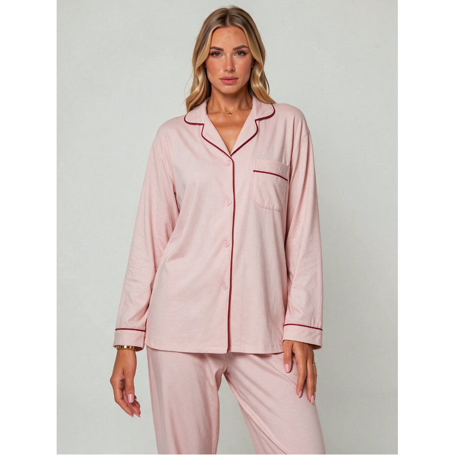 Women's Cotton Pajama Set with Long Sleeves Notched Collar and Button Front - Image 2