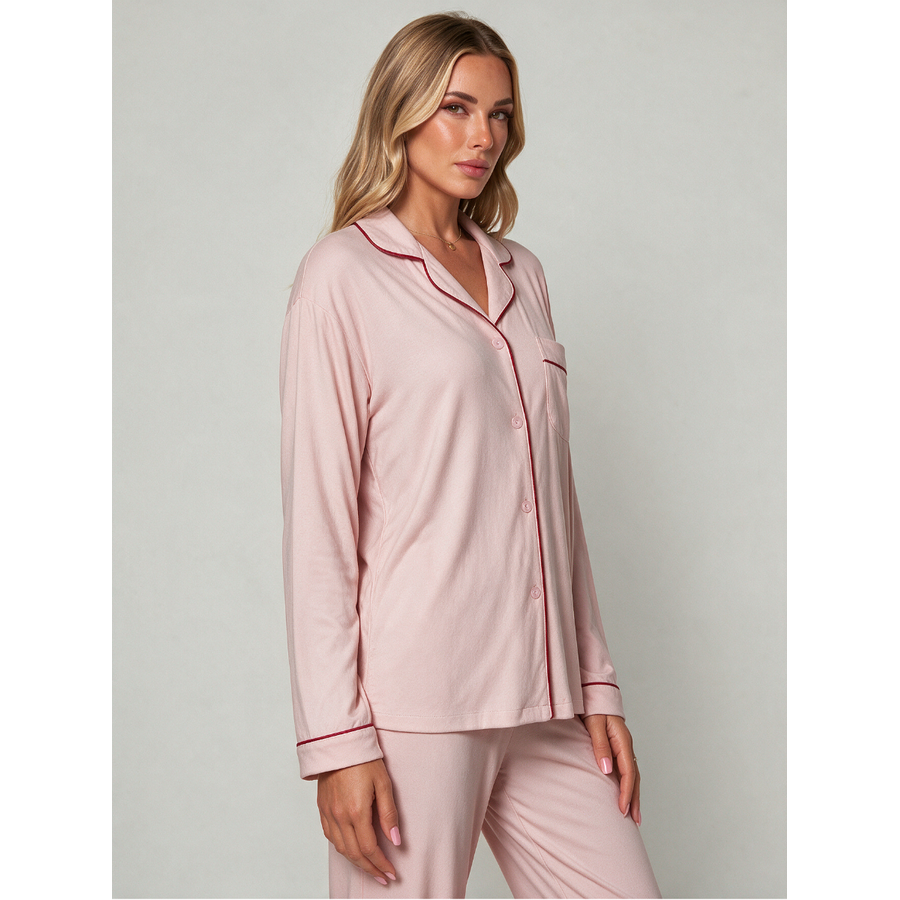 Women's Cotton Pajama Set with Long Sleeves Notched Collar and Button Front - Image 3