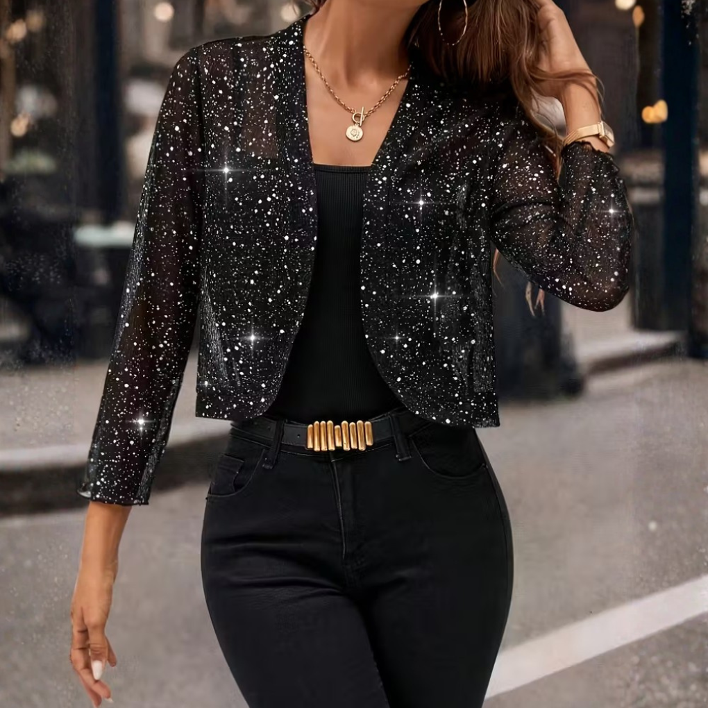 Women's Cropped Shrug Cardigan with Mesh Glitter and Open Front - Image 2