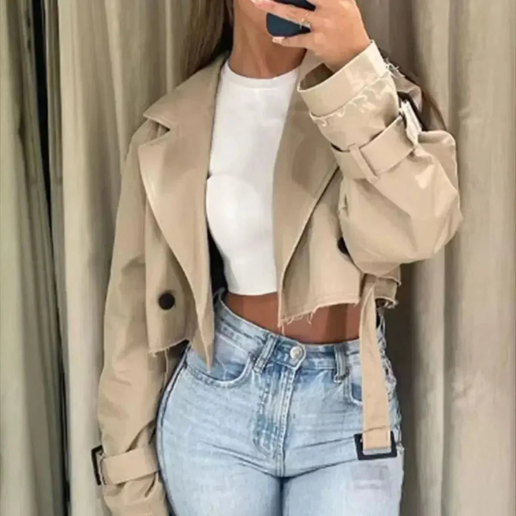 Women's Cropped Trench Jacket Double Breasted with Belted Waist and Raw Hem - Image 1