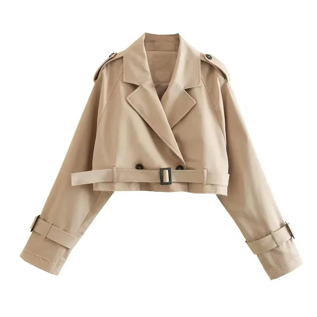 Women's Cropped Trench Jacket Double Breasted with Belted Waist and Raw Hem - Image 3