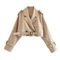 Women's Cropped Trench Jacket Double Breasted with Belted Waist and Raw Hem - Image 3
