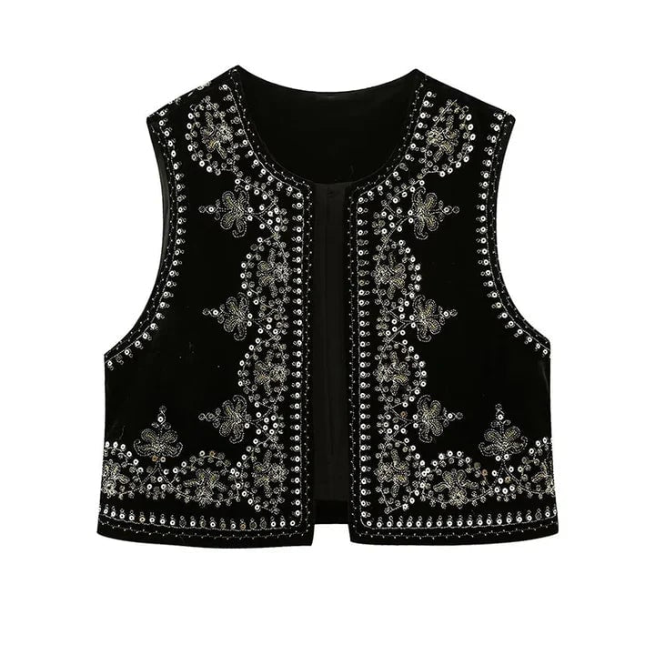 Women's Embroidered Velvet Vest Sleeveless Cropped Bohemian - Image 3