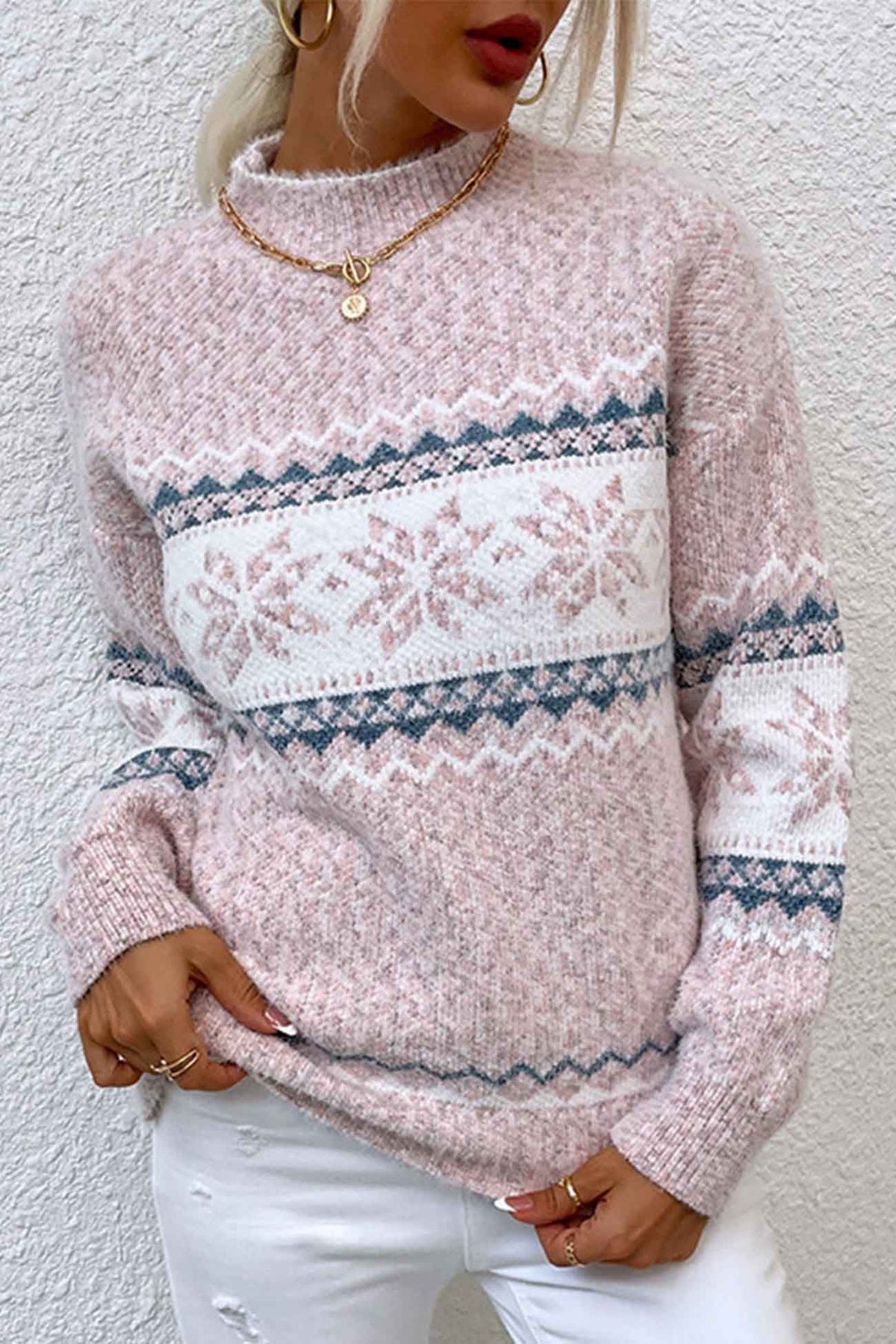 Women's Fair Isle Mock Neck Sweater with Snowflake Pattern and Ribbed Cuffs - Image 1