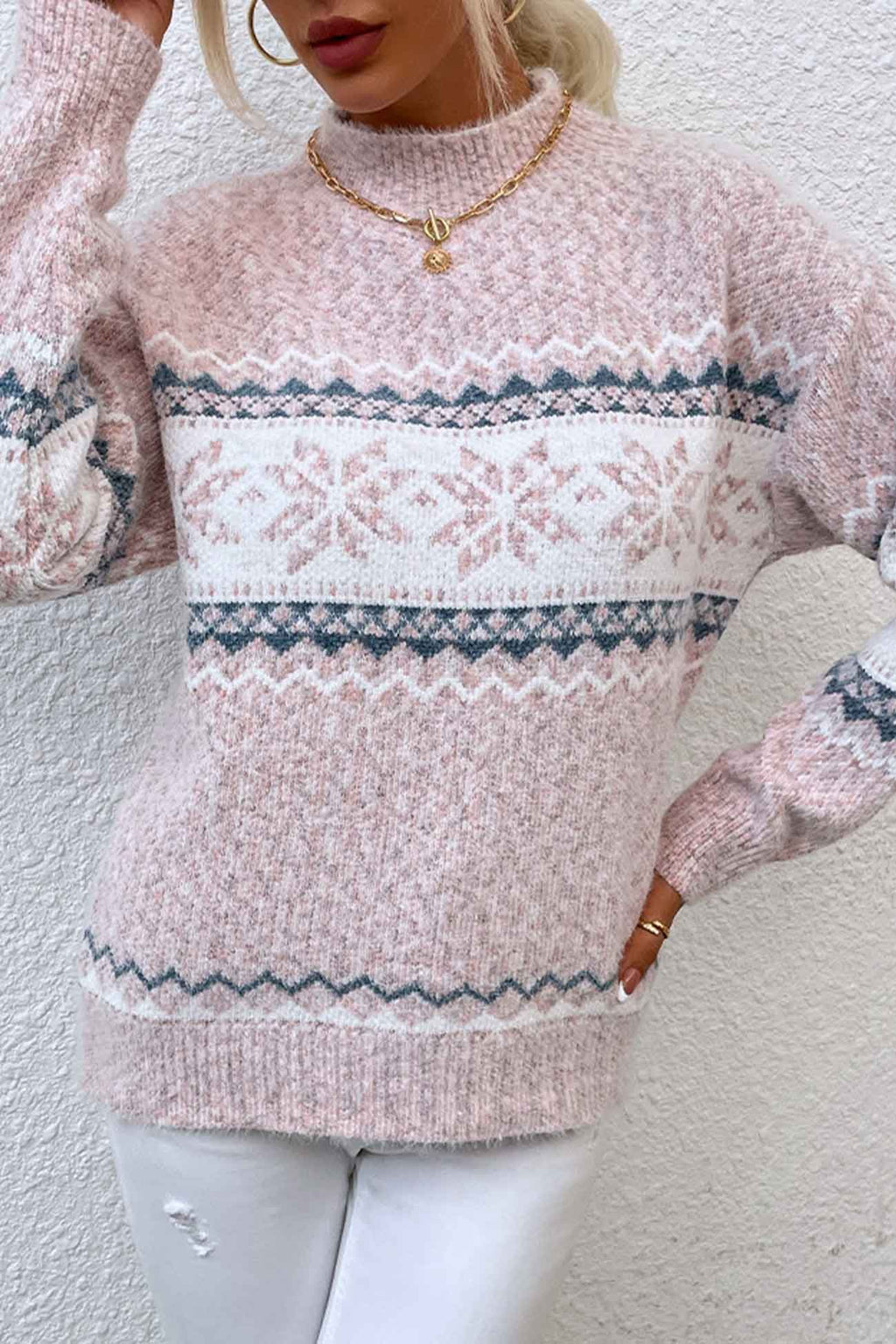 Women's Fair Isle Mock Neck Sweater with Snowflake Pattern and Ribbed Cuffs - Image 2