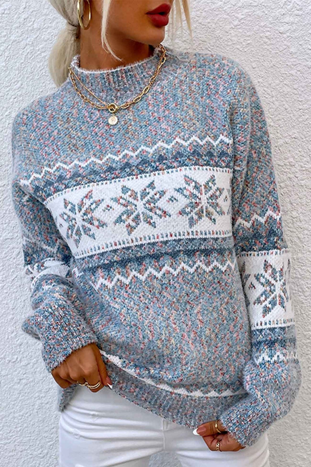 Women's Fair Isle Mock Neck Sweater with Snowflake Pattern and Ribbed Cuffs - Image 3