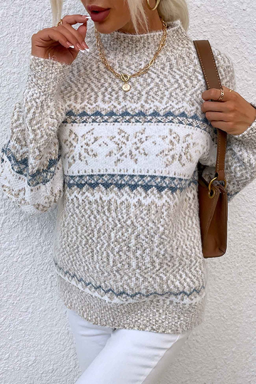 Women's Fair Isle Mock Neck Sweater with Snowflake Pattern and Ribbed Cuffs - Image 4
