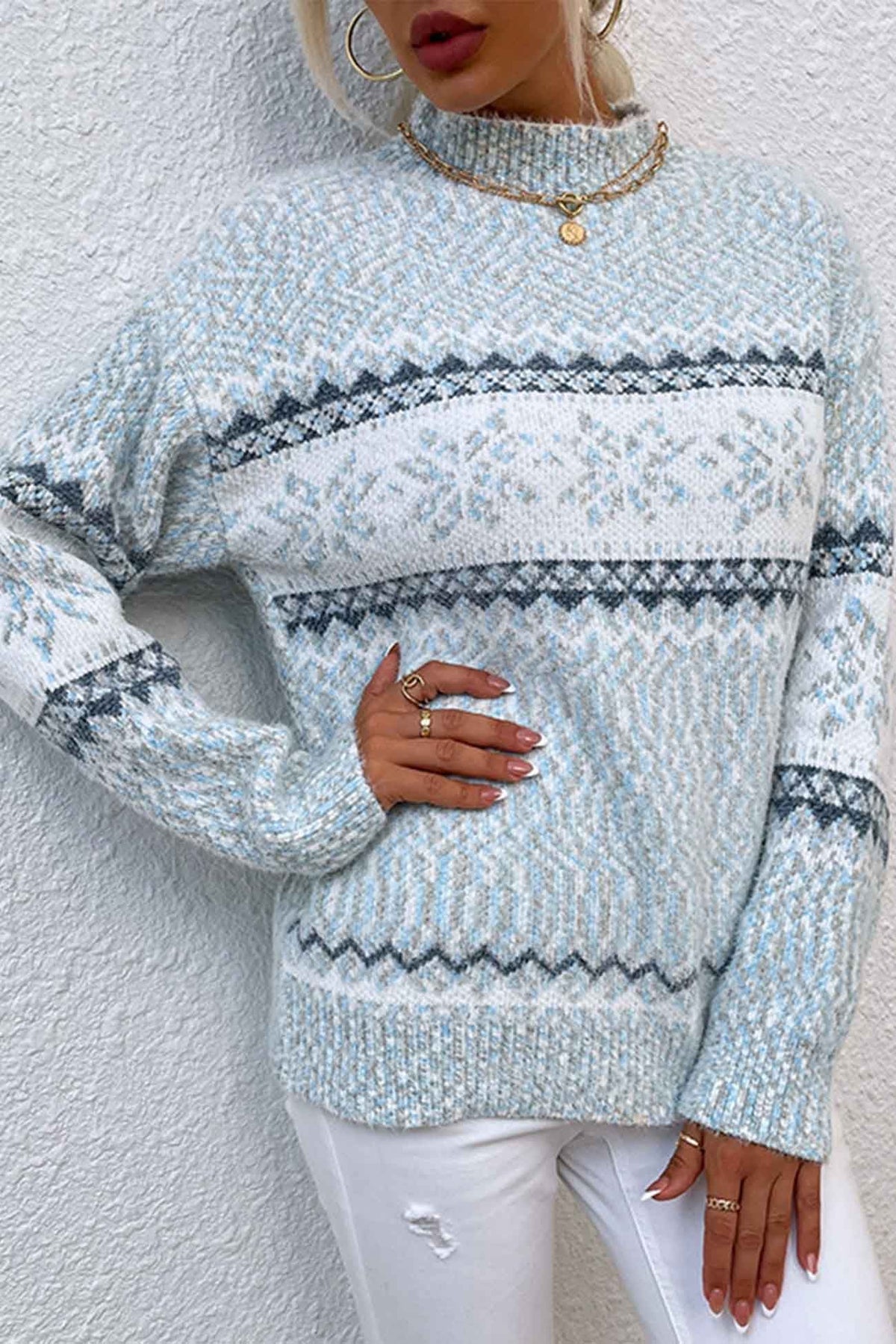 Women's Fair Isle Mock Neck Sweater with Snowflake Pattern and Ribbed Cuffs - Image 5