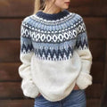 Women's Fair Isle Sweater with Crew Neck and Chunky Knit Geometric Pattern - Image 1