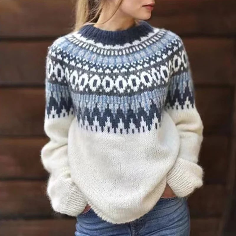 Women's Fair Isle Sweater with Crew Neck and Chunky Knit Geometric Pattern - Image 1