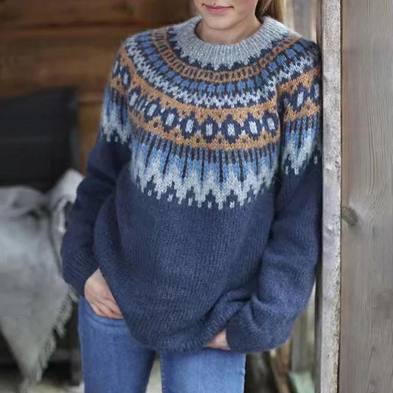 Women's Fair Isle Sweater with Crew Neck and Chunky Knit Geometric Pattern - Image 2