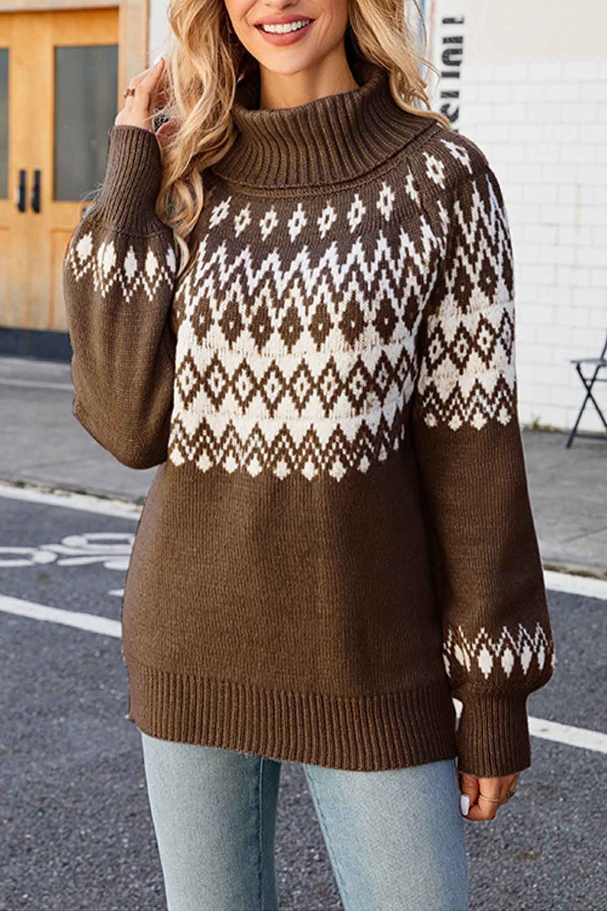Women's Fair Isle Turtleneck Knit Sweater with Geometric Pattern and Relaxed Fit - Image 4