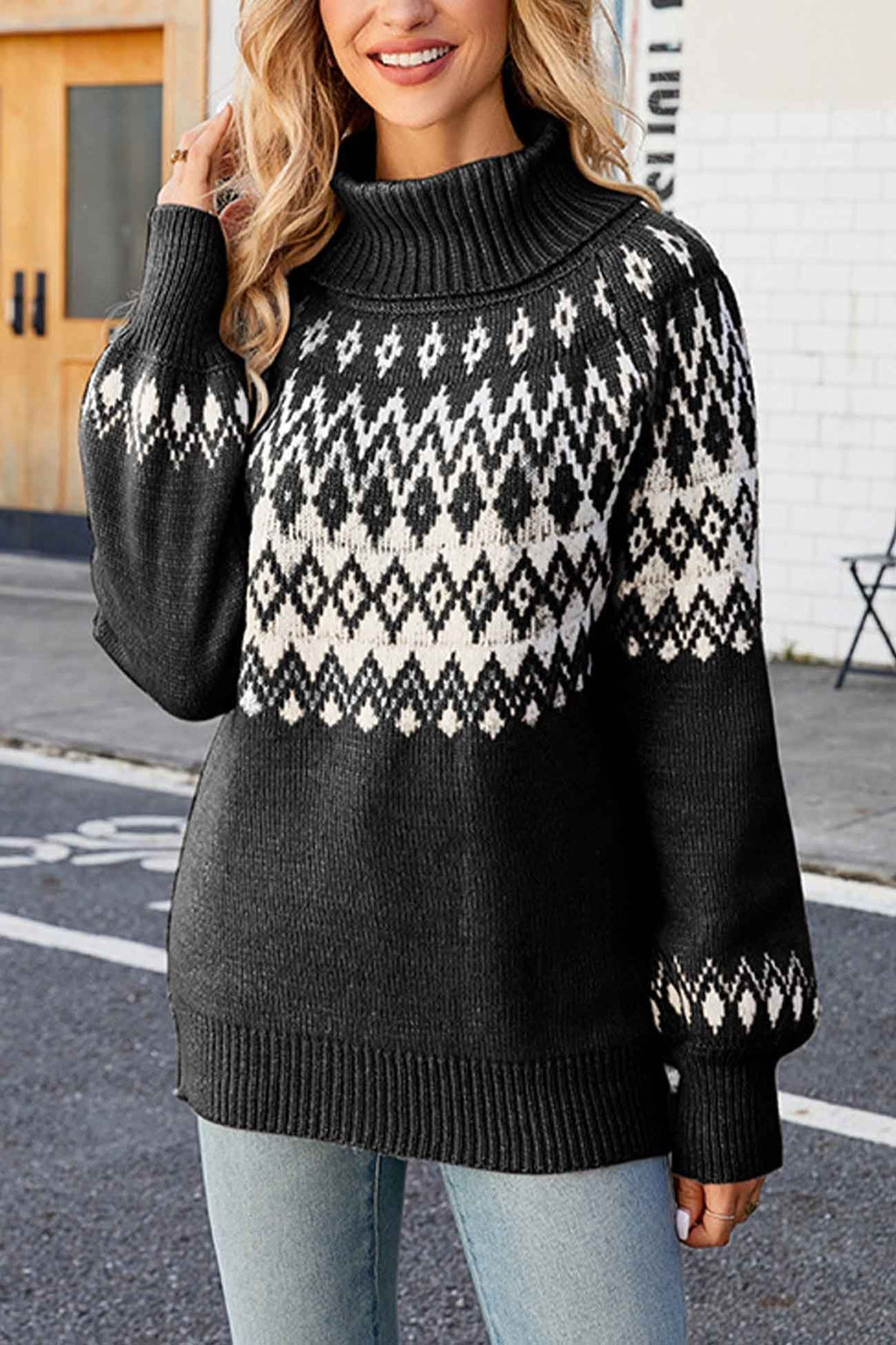 Women's Fair Isle Turtleneck Knit Sweater with Geometric Pattern and Relaxed Fit - Image 6