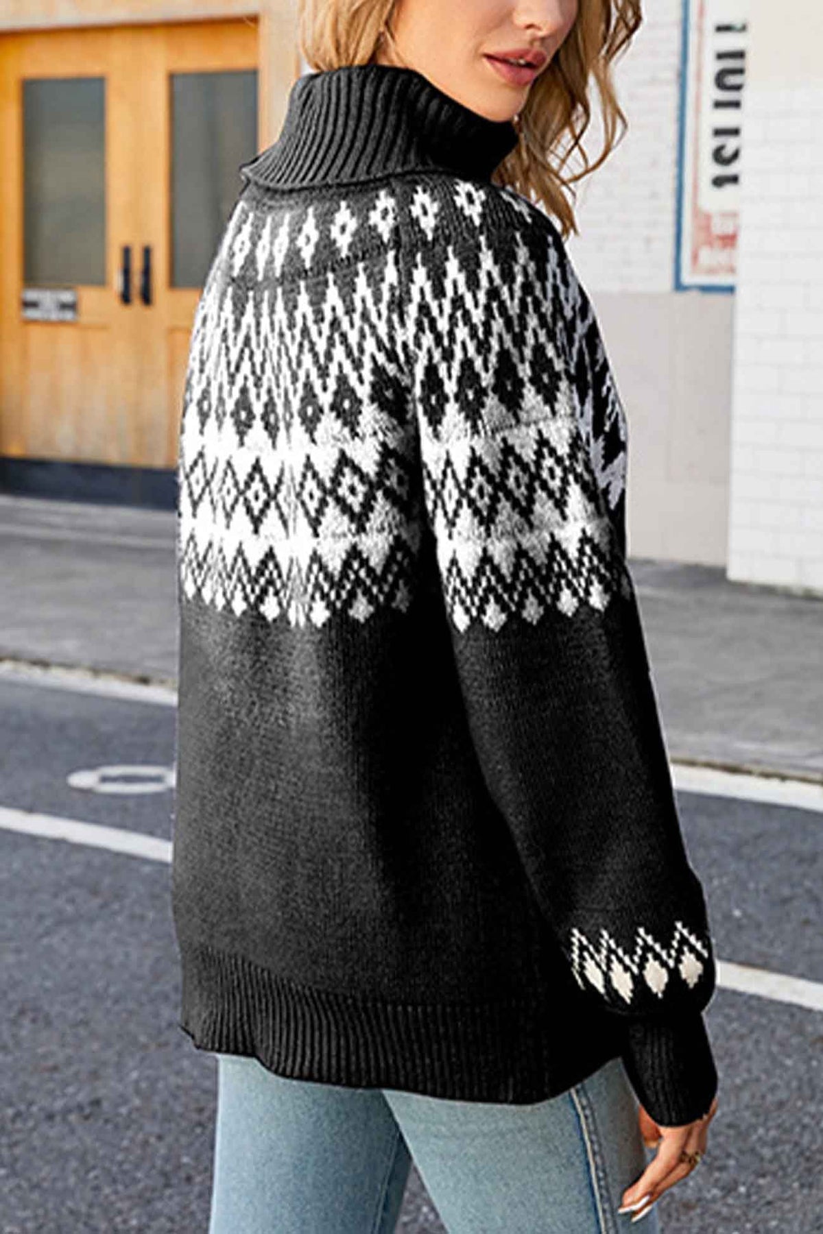 Women's Fair Isle Turtleneck Knit Sweater with Geometric Pattern and Relaxed Fit - Image 8