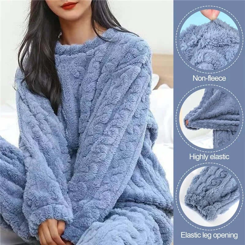 Women's Fleece Pajamas Set with Cable Knit Pattern and Crew Neck - Image 11