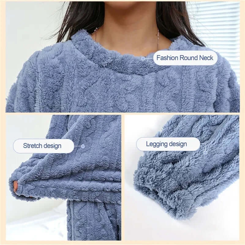 Women's Fleece Pajamas Set with Cable Knit Pattern and Crew Neck - Image 12
