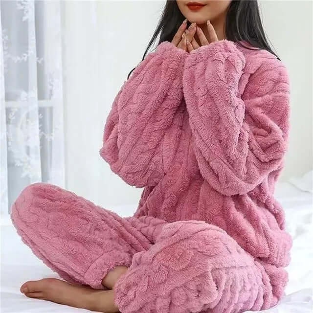 Women's Fleece Pajamas Set with Cable Knit Pattern and Crew Neck - Image 2