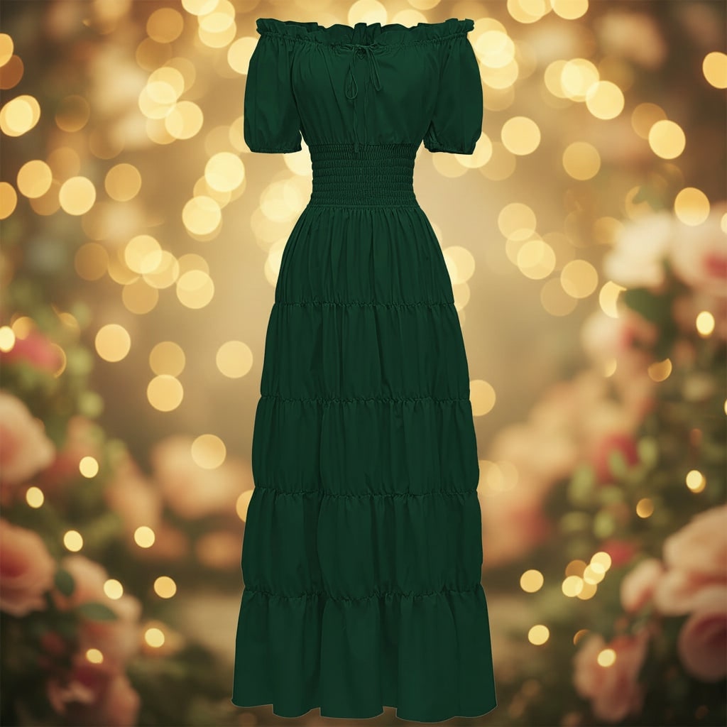 Women's Halloween Boho Maxi Dress with Off-The-Shoulder Tiered Skirt and Smocked Waist Floral - Image 1