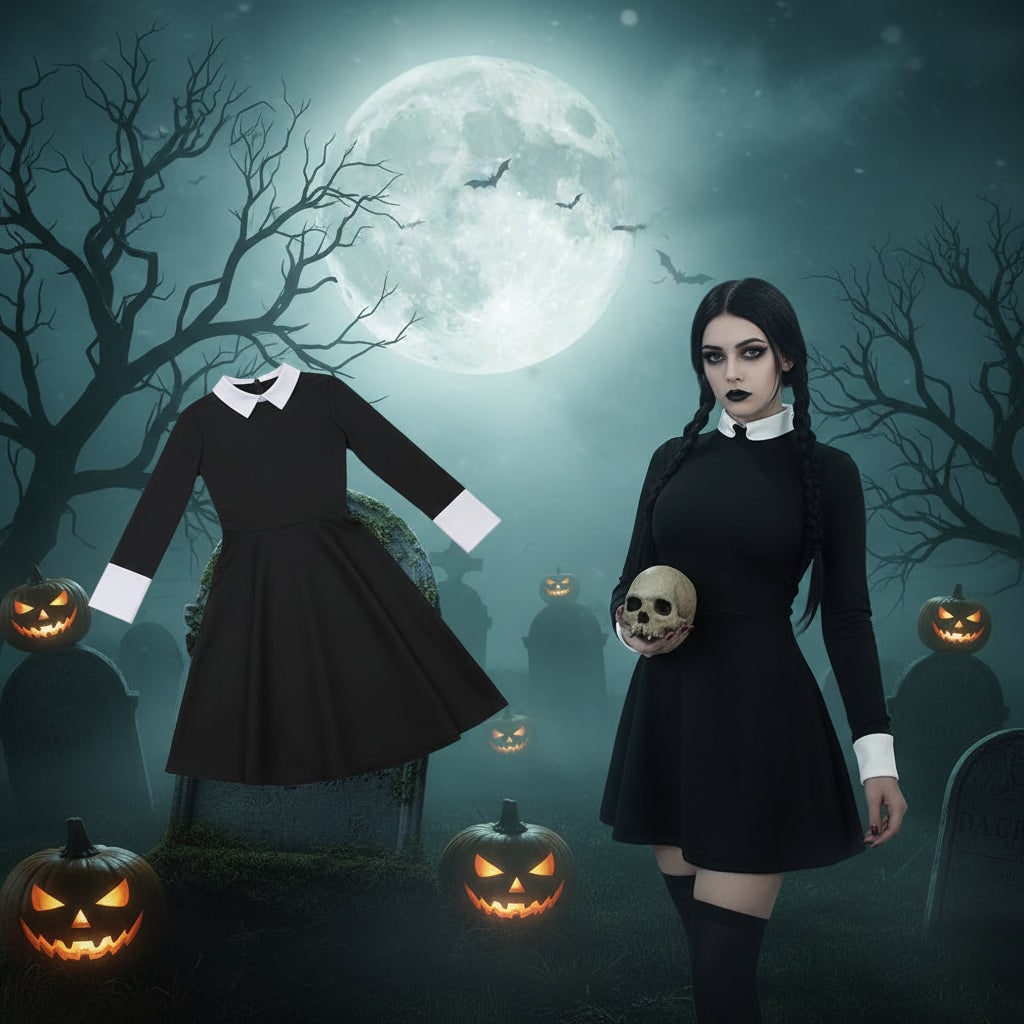 Women's Halloween gothic schoolgirl Costume with White Collar and Braids Family Party Outfit - Image 1