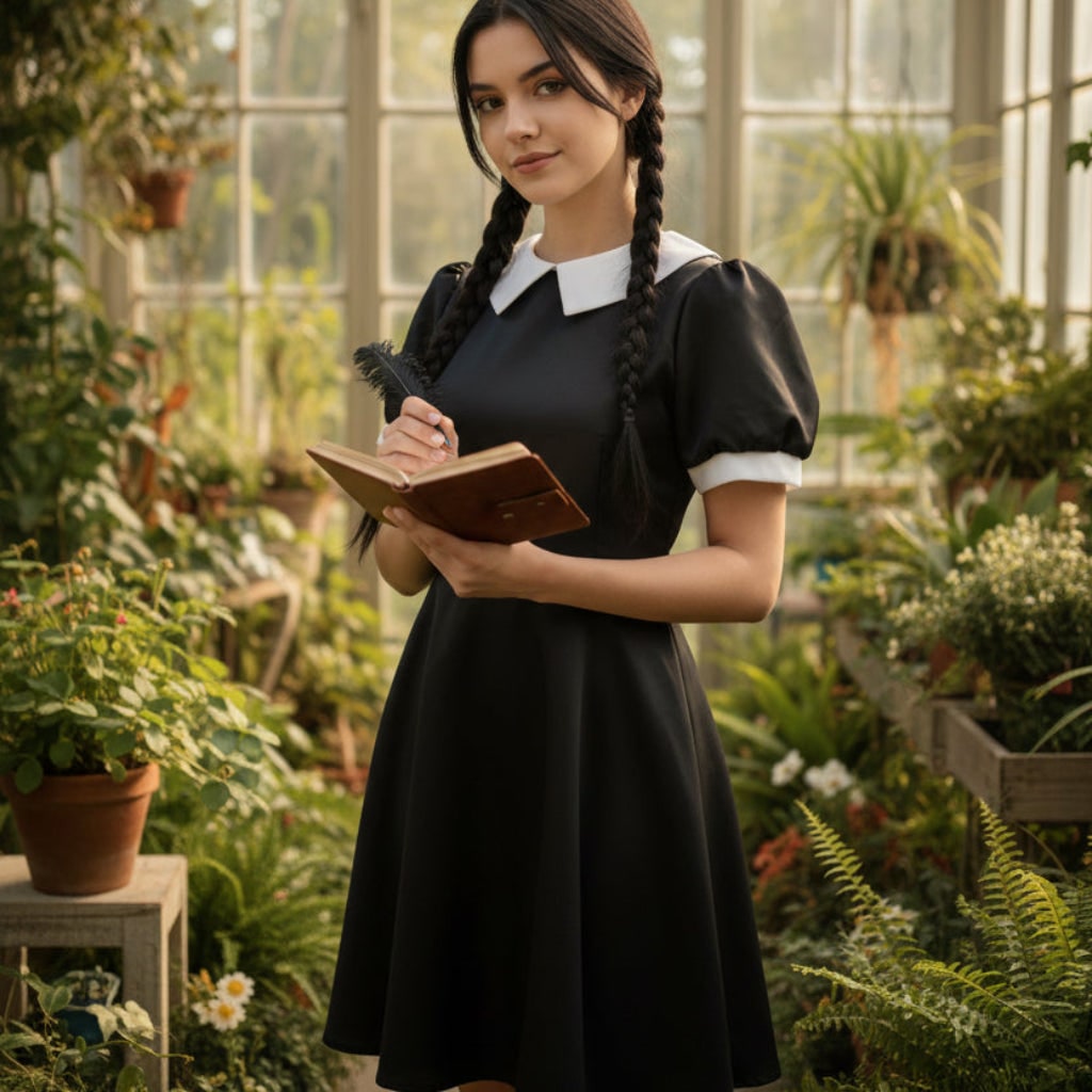 Women's Halloween gothic schoolgirl Costume with White Collar and Braids Family Party Outfit - Image 2