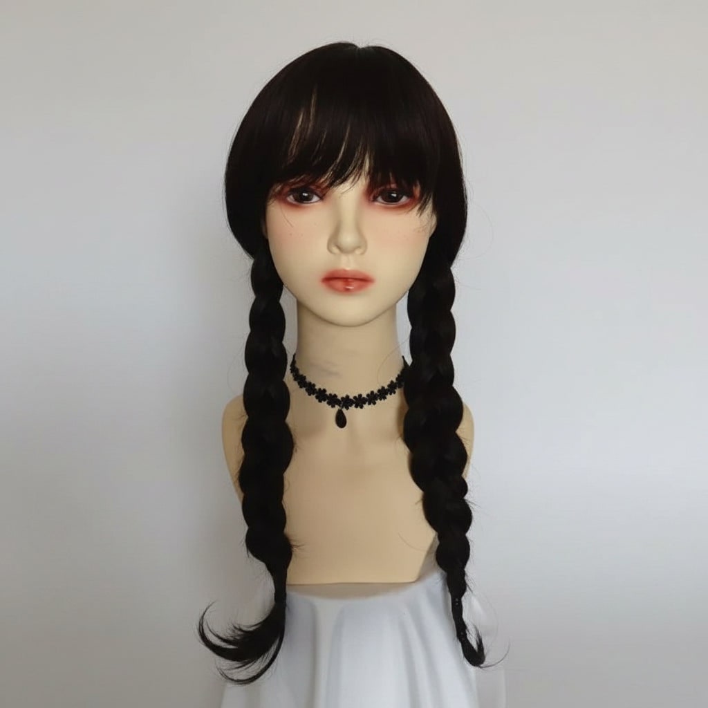 Women's Halloween gothic schoolgirl Costume with White Collar and Braids Family Party Outfit - Image 5