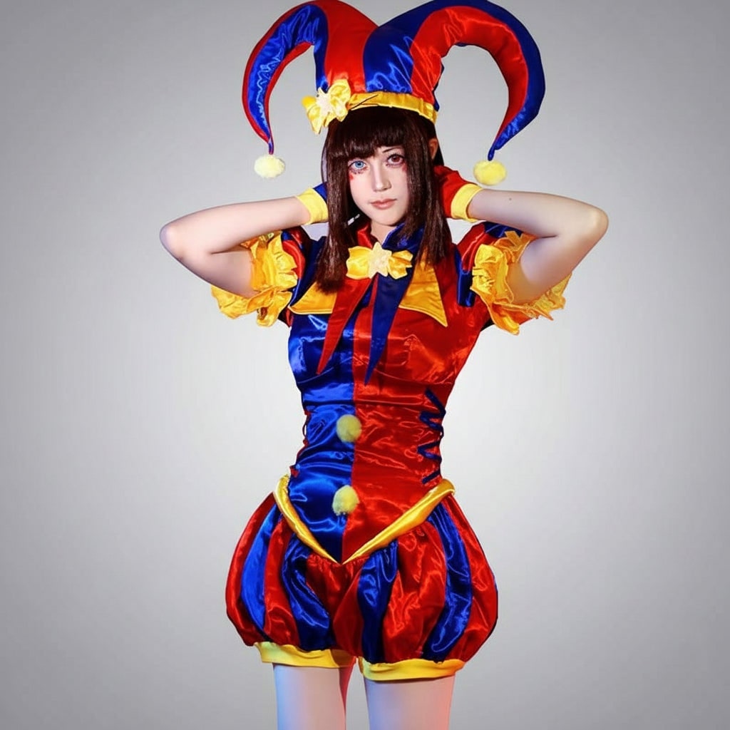 Women's Halloween Jester Costume with Hat Gloves and Pom-Poms for Party and Cosplay - Image 1