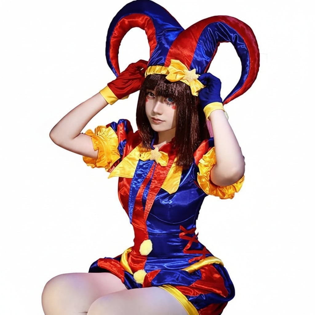 Women's Halloween Jester Costume with Hat Gloves and Pom-Poms for Party and Cosplay - Image 3