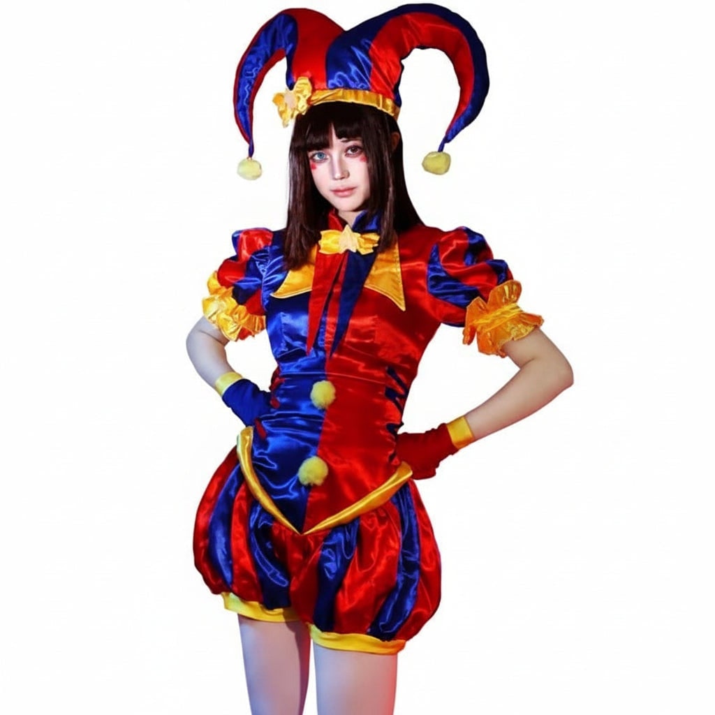 Women's Halloween Jester Costume with Hat Gloves and Pom-Poms for Party and Cosplay - Image 4