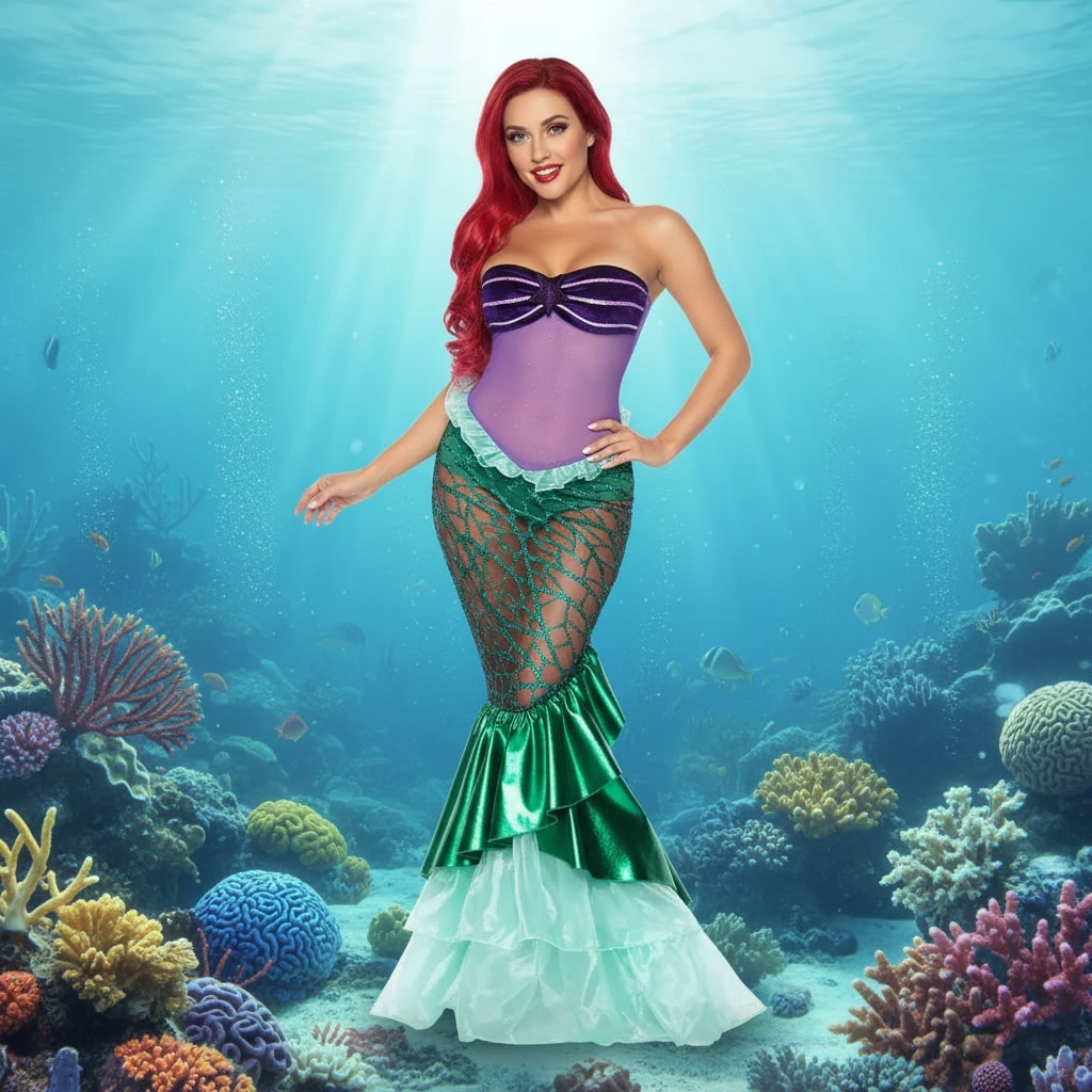Women's Halloween Mermaid Costume Dress with Sequin Skirt and Strapless Sweetheart Neckline - Image 1