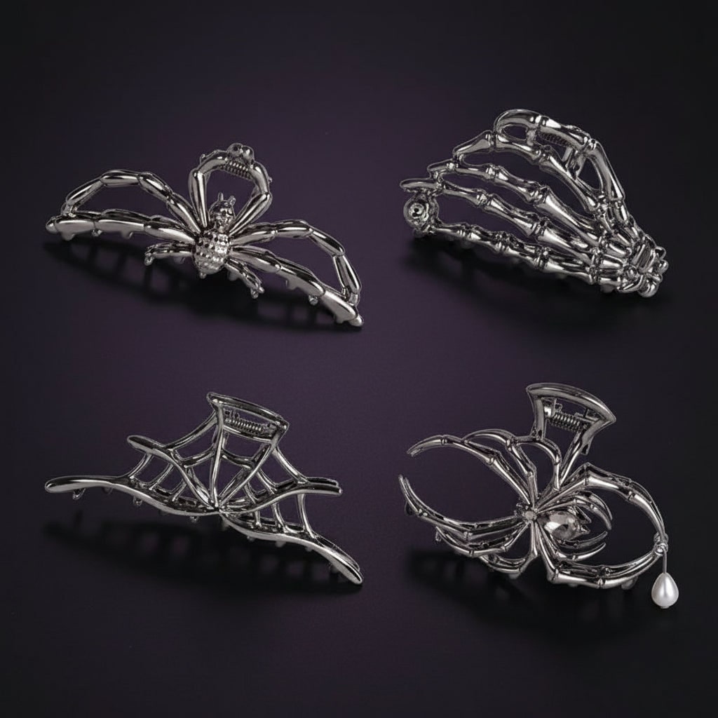 Women's Halloween Metal Claw Hair Clips with Silver Finish Spider Skeleton Bat Design for Party Styling - Image 1