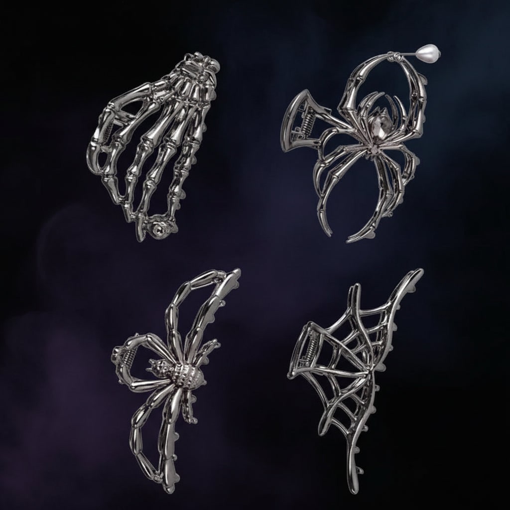 Women's Halloween Metal Claw Hair Clips with Silver Finish Spider Skeleton Bat Design for Party Styling - Image 10