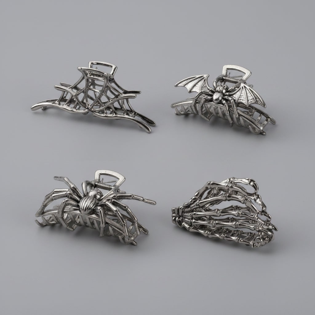Women's Halloween Metal Claw Hair Clips with Silver Finish Spider Skeleton Bat Design for Party Styling - Image 2