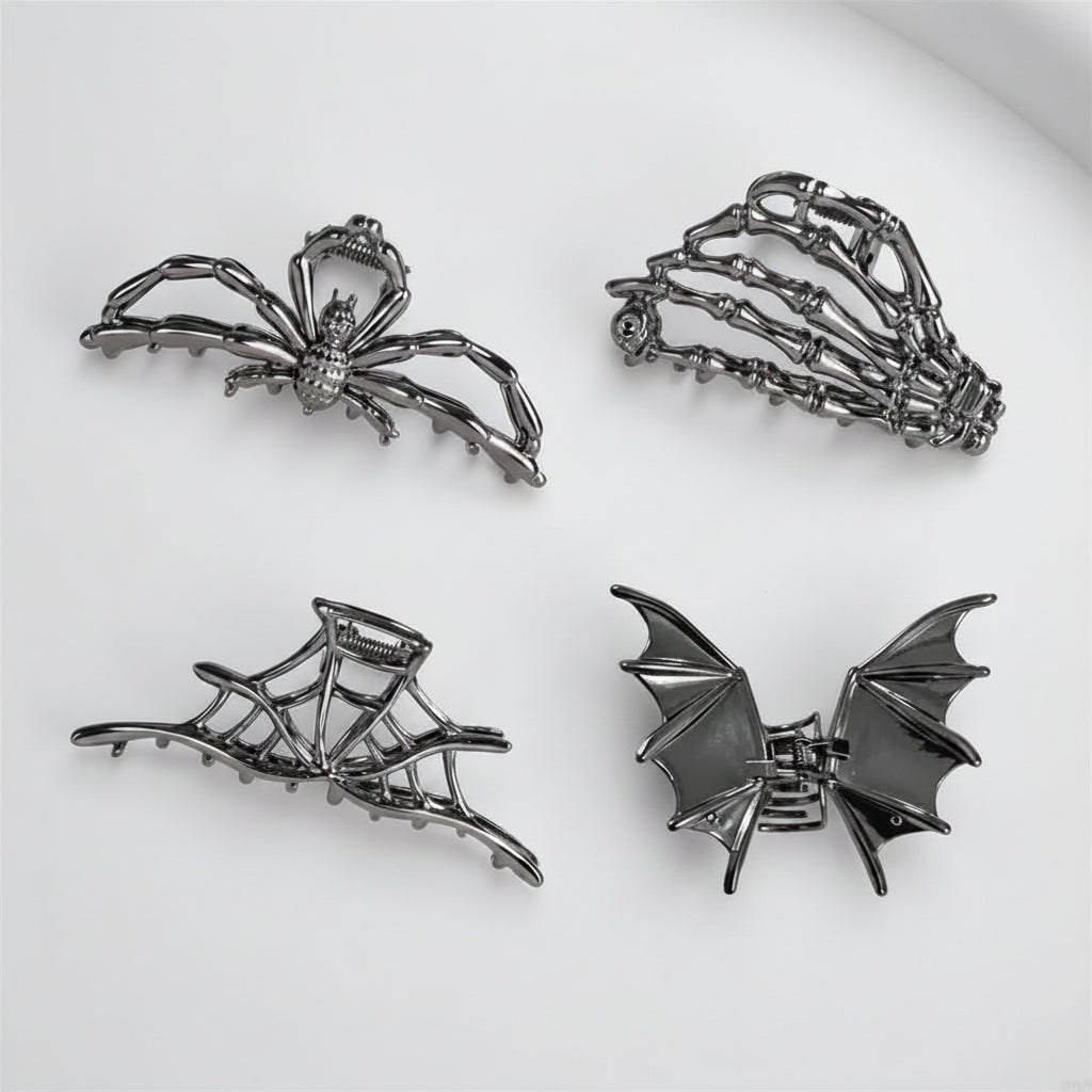 Women's Halloween Metal Claw Hair Clips with Silver Finish Spider Skeleton Bat Design for Party Styling - Image 3