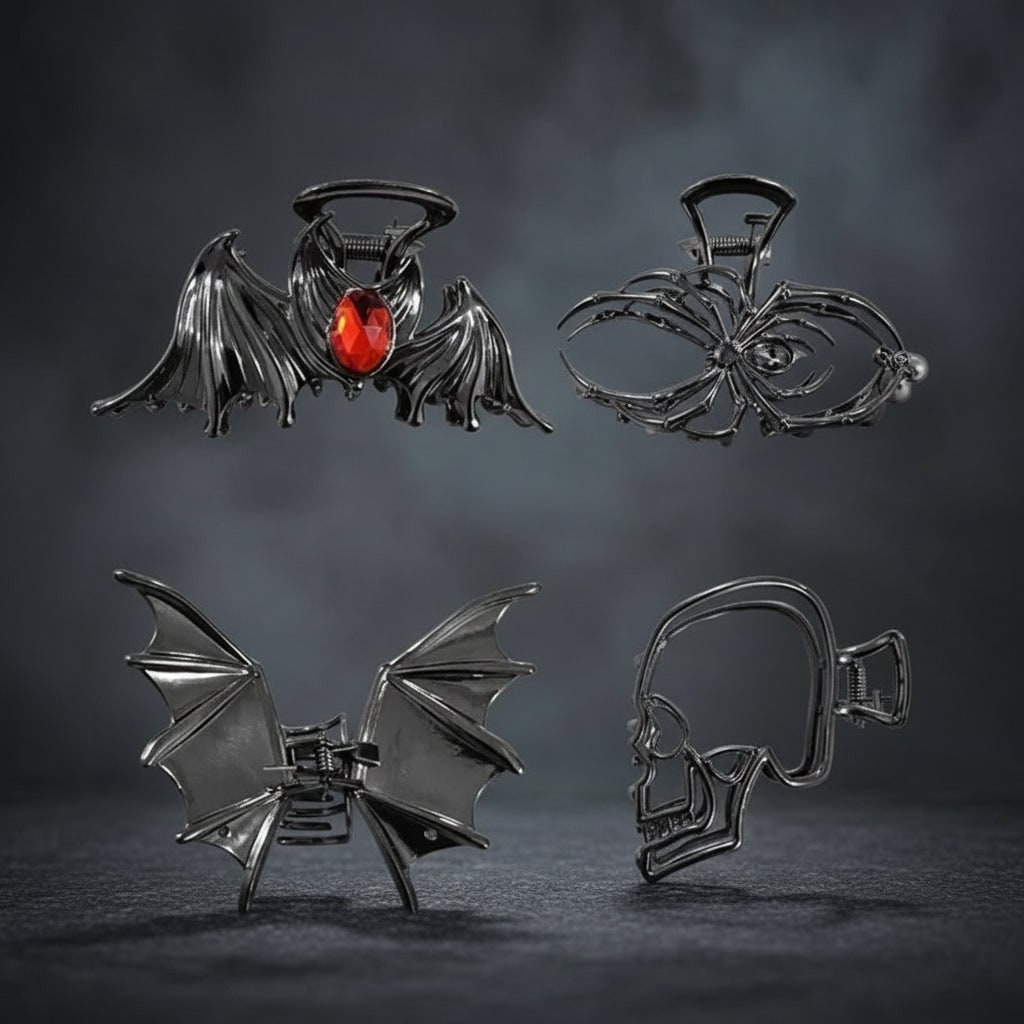 Women's Halloween Metal Claw Hair Clips with Silver Finish Spider Skeleton Bat Design for Party Styling - Image 6
