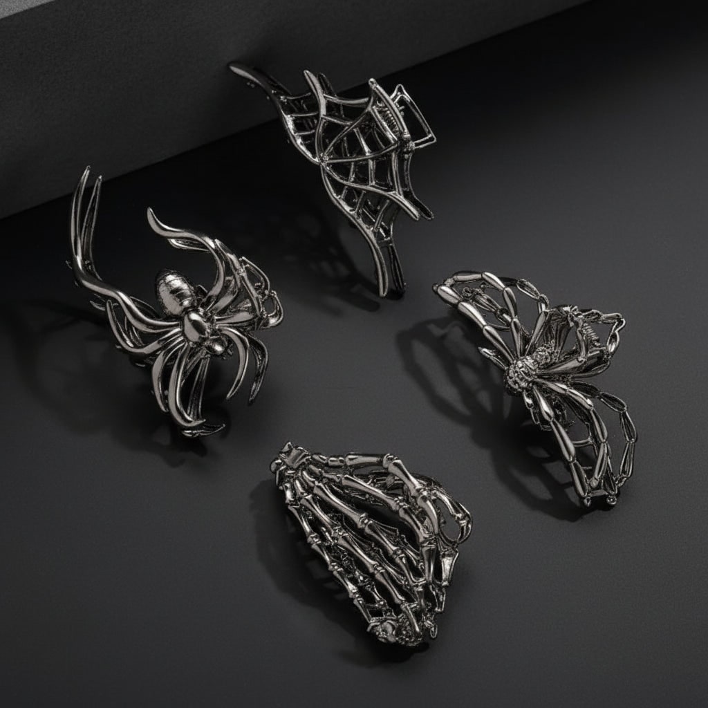 Women's Halloween Metal Claw Hair Clips with Silver Finish Spider Skeleton Bat Design for Party Styling - Image 7