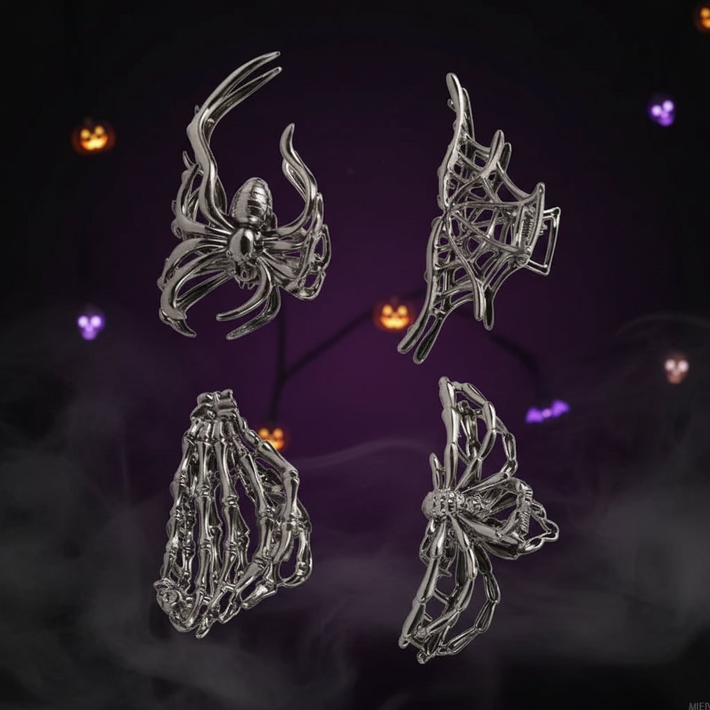 Women's Halloween Metal Claw Hair Clips with Silver Finish Spider Skeleton Bat Design for Party Styling - Image 8