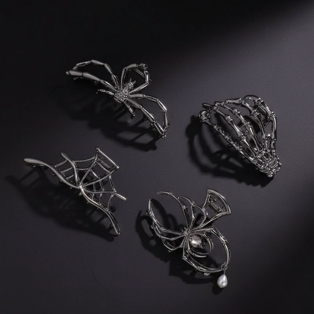 Women's Halloween Metal Claw Hair Clips with Silver Finish Spider Skeleton Bat Design for Party Styling - Image 9