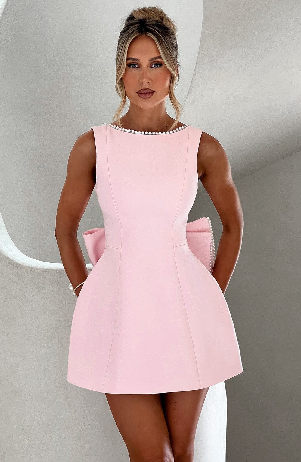 Women's Homecoming Bow Mini Dress with Boat Neck Wedding Guest Sleeveless Structured Back - Image 1