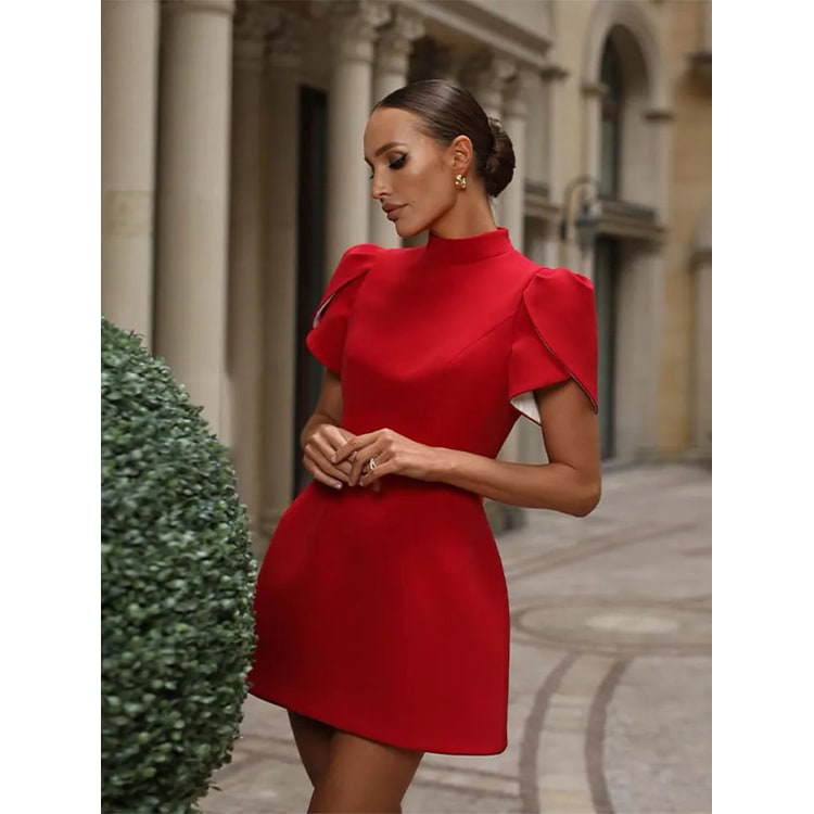 Women's Homecoming Dress a Line Mini Skirt Puff Sleeve with High Neck Open Back Bow - Image 1