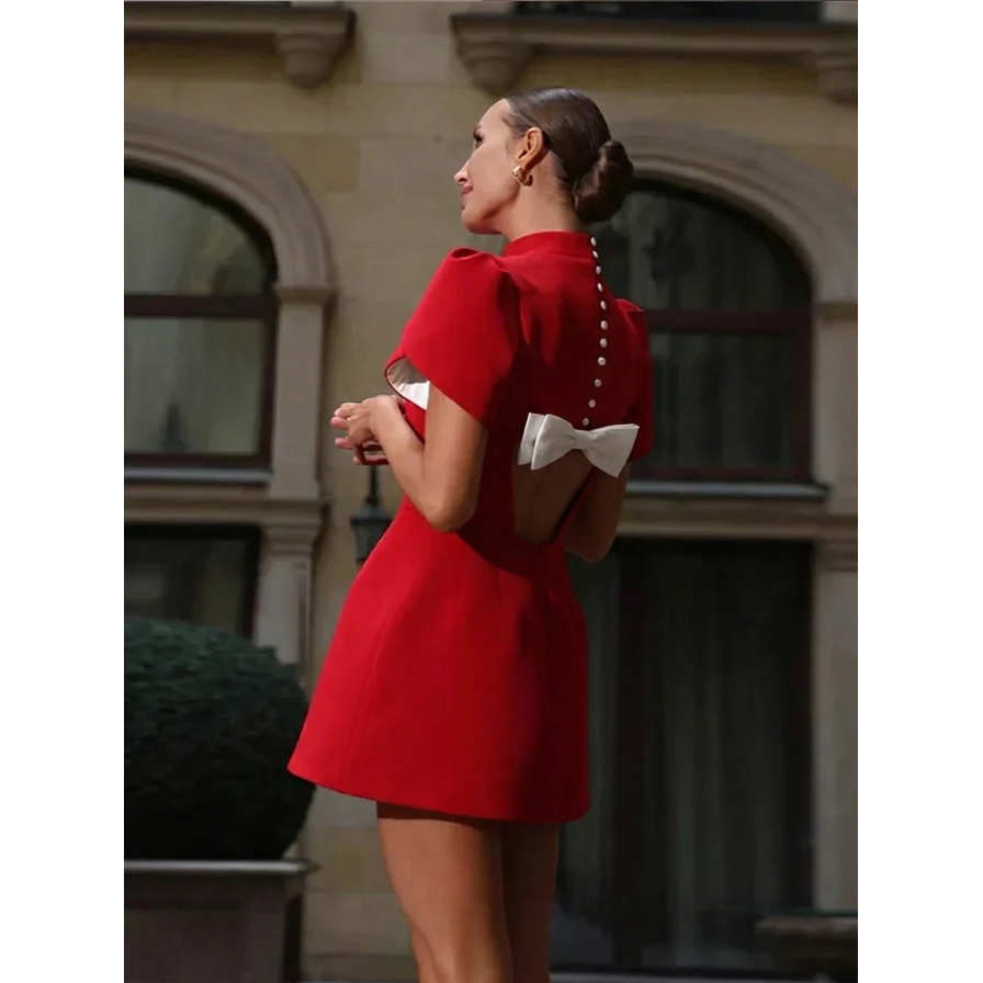 Women's Homecoming Dress a Line Mini Skirt Puff Sleeve with High Neck Open Back Bow - Image 4