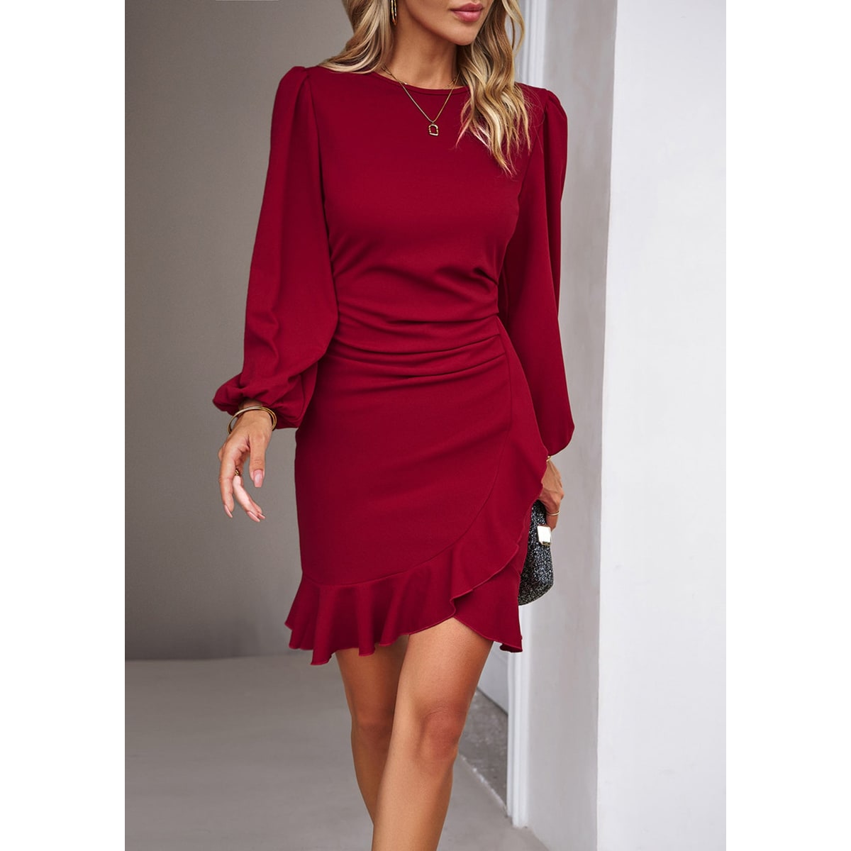 Women's Homecoming Dress and Mini with Long Sleeves Ruffle Hem and Ruched Waist - Image 5