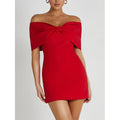 Women's Homecoming Dress Bodycon Mini with Off Shoulder Neckline and Oversized Bow - Image 1